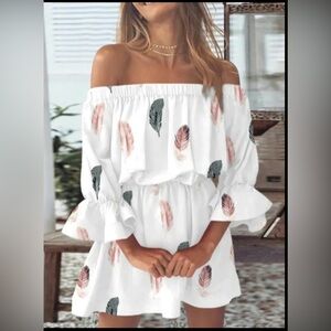 Off-Shoulder Feather Print Dress | NWOT